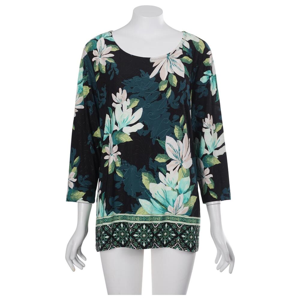 JM Collection Tunic Top L Green Black Floral Stretch 3/4 Sleeve Pullover Casual
